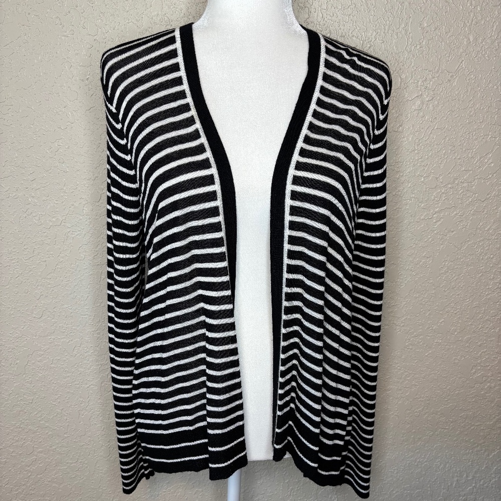 Jones New York Black White Stripe Open Front Cardigan Sweater Women's Size M